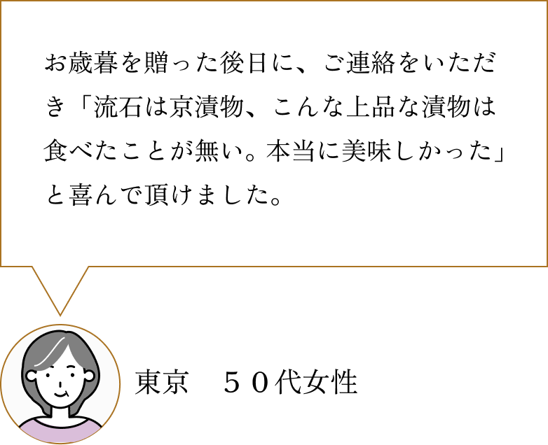 お客様の声4：お歳暮を贈った後日に、ご連絡をいただき「流石は京漬物、こんな上品な漬物は食べたことが無い。本当に美味しかった」と喜んで頂けました。